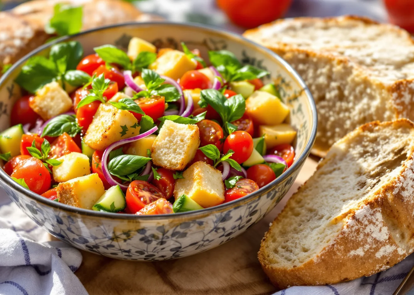 A beautiful, rustic, and vibrant scene showcasing the Italian use of stale bread.