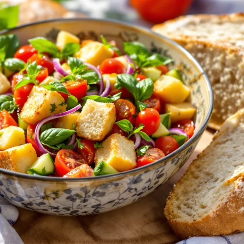 A beautiful, rustic, and vibrant scene showcasing the Italian use of stale bread.