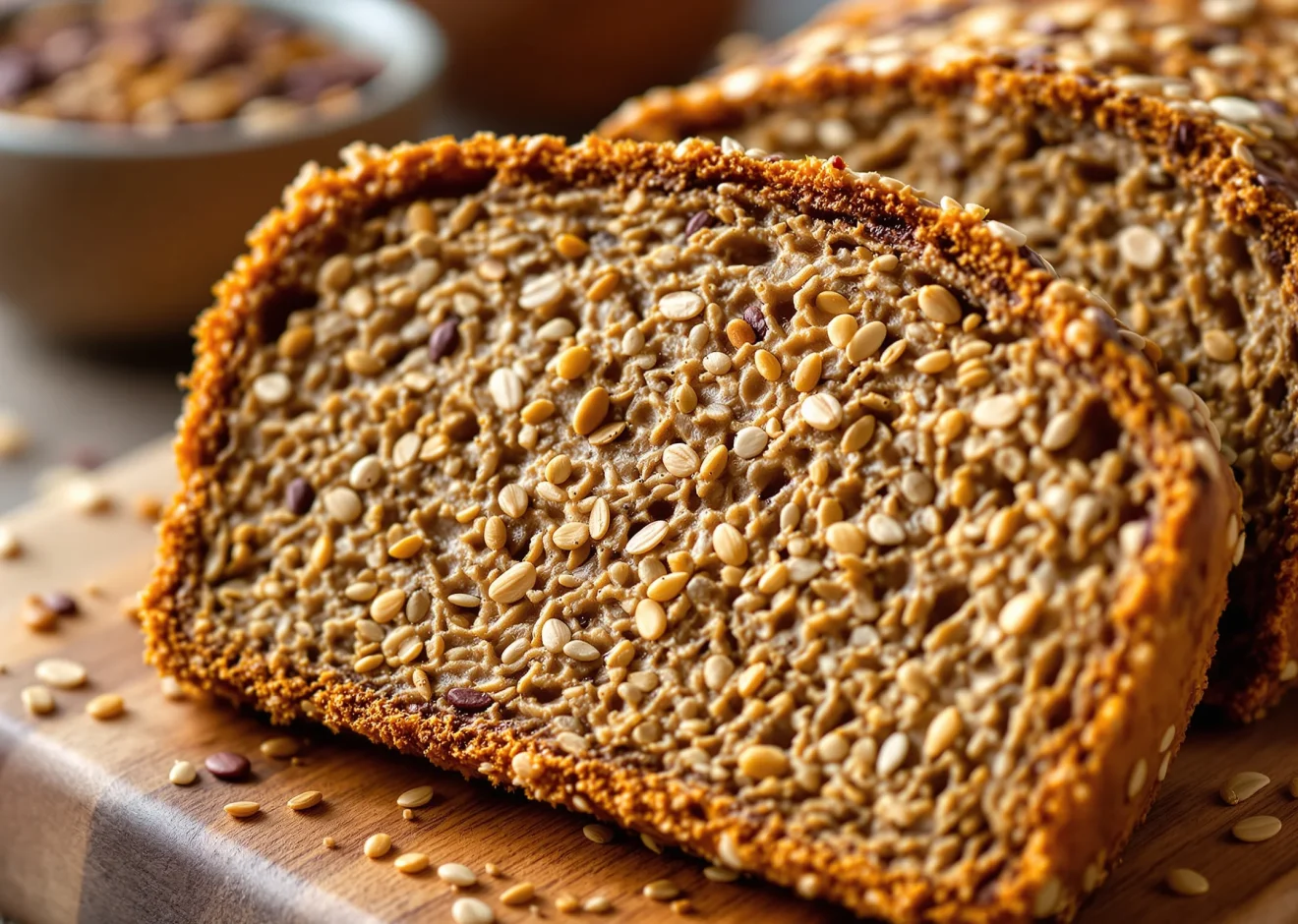 A beautiful, textured close-up of a slice of true whole-grain, multi-grain bread.