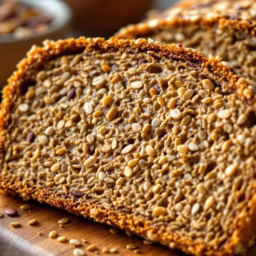A beautiful, textured close-up of a slice of true whole-grain, multi-grain bread.