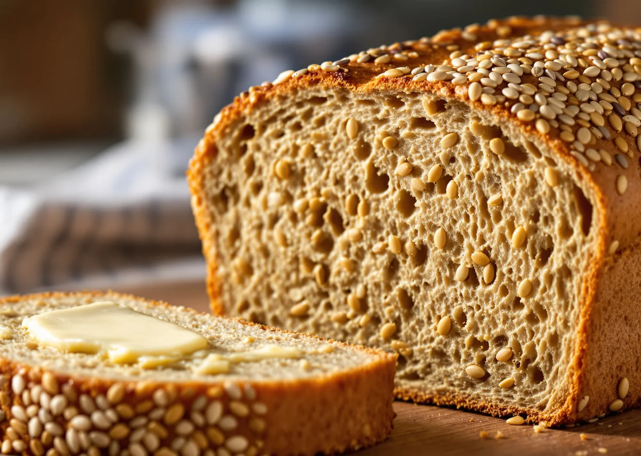 A beautiful close-up shot of a thick slice of authentic, whole-grain bread generously studded with a variety of seeds (sunflower, pumpkin, flax).