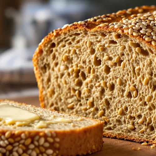 A beautiful close-up shot of a thick slice of authentic, whole-grain bread generously studded with a variety of seeds (sunflower, pumpkin, flax).