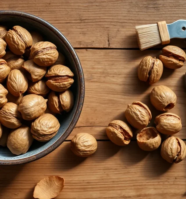 Czyszczenie świeżych orzechów włoskich na drewnianym stole. Sprawdź, jak przygotować orzechy do jedzenia i przechowywania.