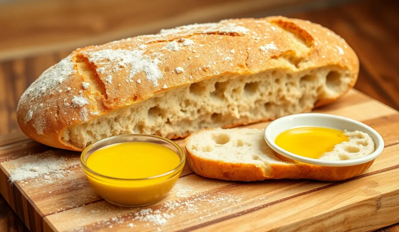 Ocena tego, czy ciabatta jest zdrowa: na zdjęciu bochenek tradycyjnej włoskiej ciabatty z charakterystycznym, dziurawym miąższem.