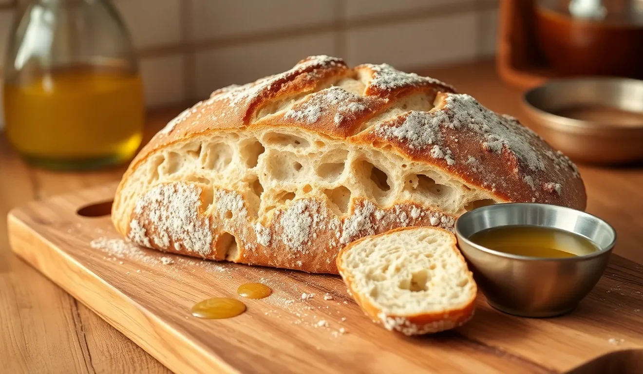 Ocena tego, czy ciabatta jest zdrowa: na zdjęciu bochenek tradycyjnej włoskiej ciabatty z charakterystycznym, dziurawym miąższem.