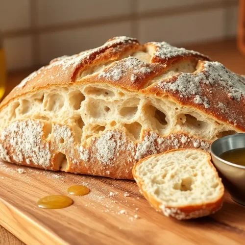 Ocena tego, czy ciabatta jest zdrowa: na zdjęciu bochenek tradycyjnej włoskiej ciabatty z charakterystycznym, dziurawym miąższem.