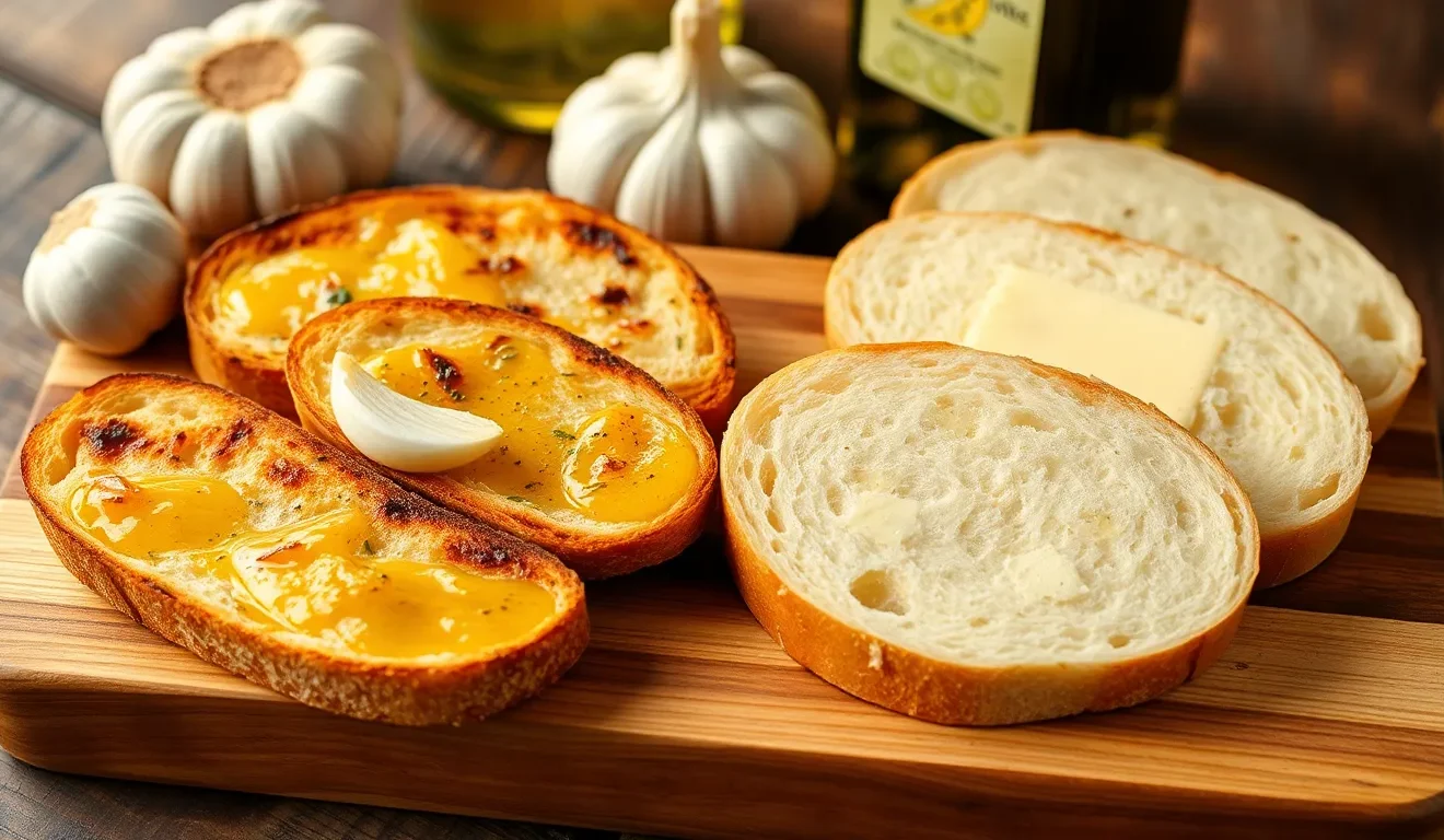 Ocena tego, czy bagietka czosnkowa jest zdrowa: porównanie zdrowej, włoskiej bruschetty z czosnkiem i oliwą z typową bagietką na maśle.