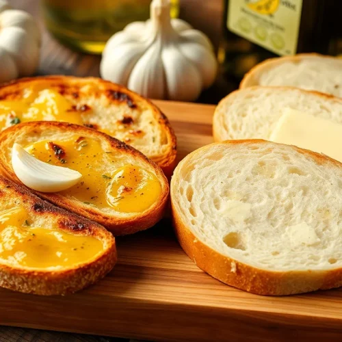 Ocena tego, czy bagietka czosnkowa jest zdrowa: porównanie zdrowej, włoskiej bruschetty z czosnkiem i oliwą z typową bagietką na maśle.