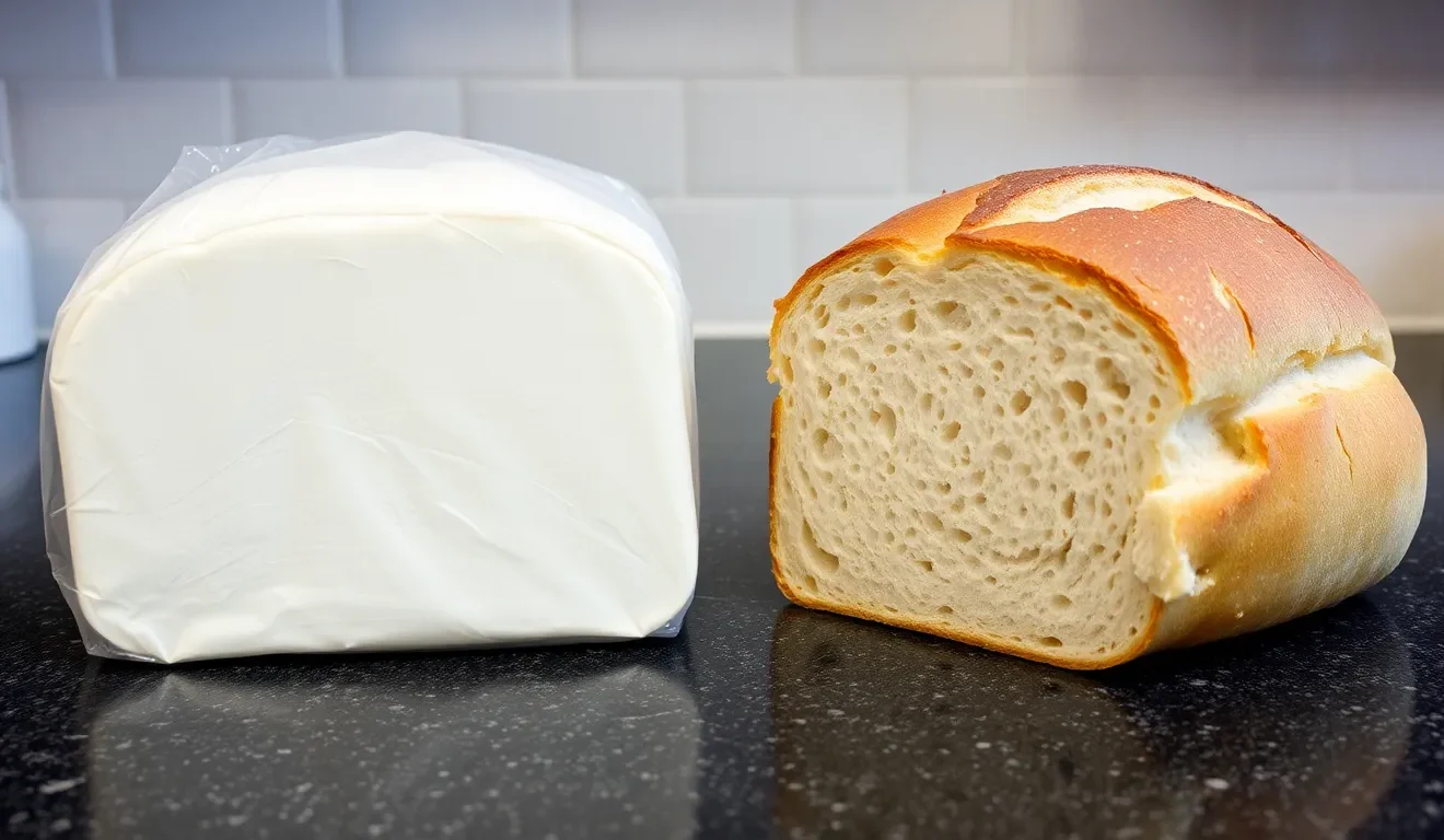 Ocena, czy biały chleb jest zdrowy: porównanie niezdrowego, paczkowanego pieczywa z rzemieślniczą, włoską ciabattą o lepszym składzie.