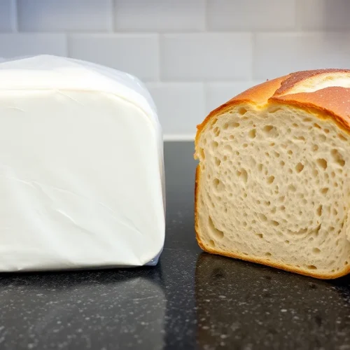 Ocena, czy biały chleb jest zdrowy: porównanie niezdrowego, paczkowanego pieczywa z rzemieślniczą, włoską ciabattą o lepszym składzie.