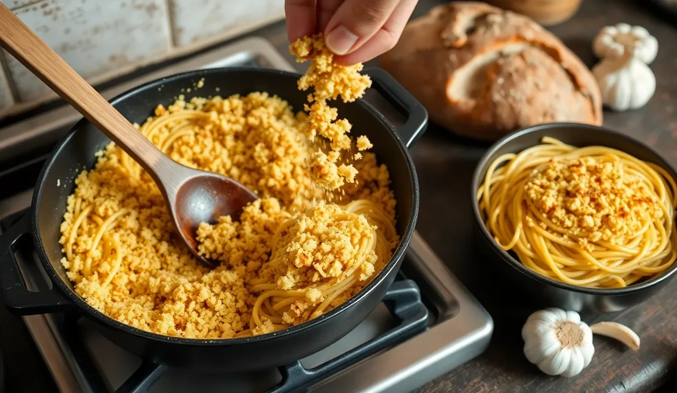 Ocena tego, czy bułka tarta jest zdrowa: na zdjęciu domowa, włoska bułka tarta (pangrattato) używana jako posypka do makaronu.