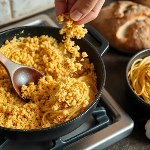 Ocena tego, czy bułka tarta jest zdrowa: na zdjęciu domowa, włoska bułka tarta (pangrattato) używana jako posypka do makaronu.