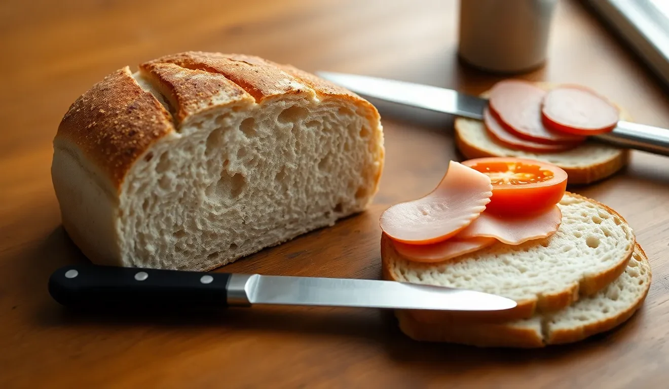 Ocena tego, czy chleb baltonowski jest zdrowy: na zdjęciu bochenek popularnego chleba pszenno-żytniego i przygotowywana z niego kanapka.