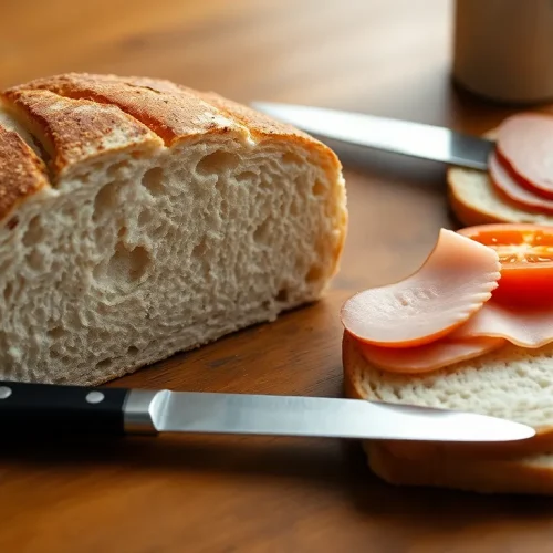 Ocena tego, czy chleb baltonowski jest zdrowy: na zdjęciu bochenek popularnego chleba pszenno-żytniego i przygotowywana z niego kanapka.