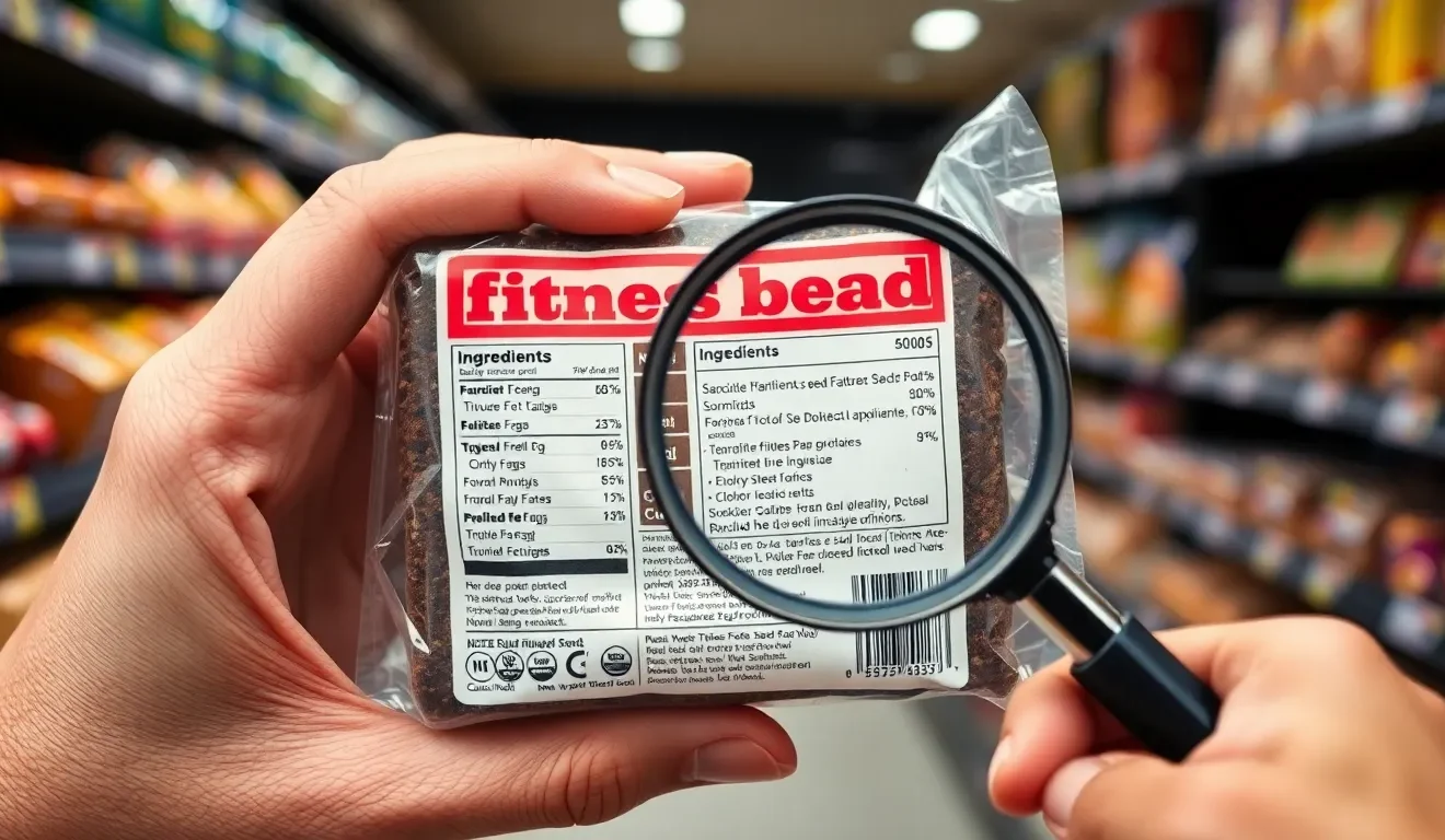 Ocena tego, czy chleb fitness jest zdrowy: osoba z lupą analizująca skład i etykietę pieczywa typu fitness w sklepie.