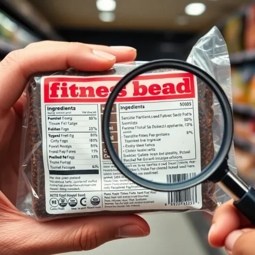 Ocena tego, czy chleb fitness jest zdrowy: osoba z lupą analizująca skład i etykietę pieczywa typu fitness w sklepie.