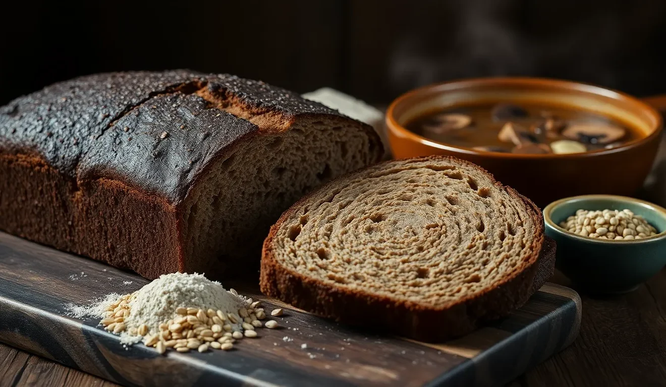Ocena tego, czy chleb gryczany jest zdrowy: na zdjęciu bochenek ciemnego, bezglutenowego i zdrowego chleba w 100% z mąki gryczanej.