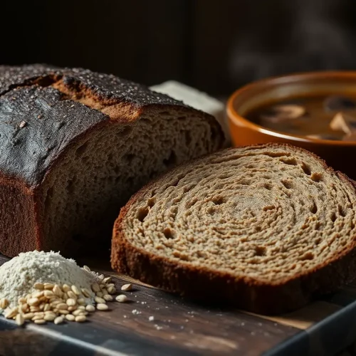 Ocena tego, czy chleb gryczany jest zdrowy: na zdjęciu bochenek ciemnego, bezglutenowego i zdrowego chleba w 100% z mąki gryczanej.