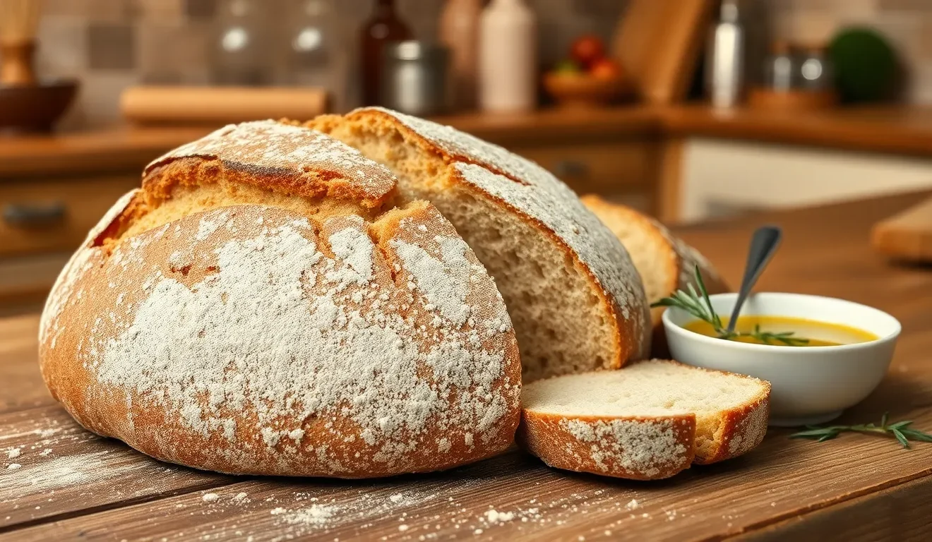 Ocena tego, czy pieczywo jest zdrowe: na zdjęciu bochenek zdrowego, rzemieślniczego chleba na zakwasie obok miseczki z oliwą z oliwek.