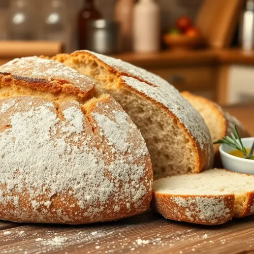 Ocena tego, czy pieczywo jest zdrowe: na zdjęciu bochenek zdrowego, rzemieślniczego chleba na zakwasie obok miseczki z oliwą z oliwek.