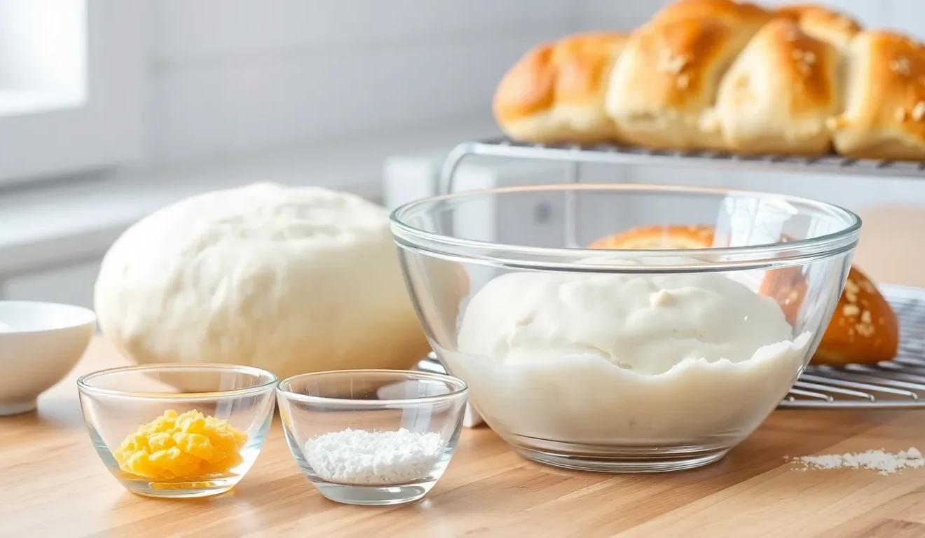 Ocena tego, czy chleb drożdżowy jest zdrowy: na zdjęciu składniki do wypieku domowego chleba na drożdżach, w tym mąka i aktywne drożdże.