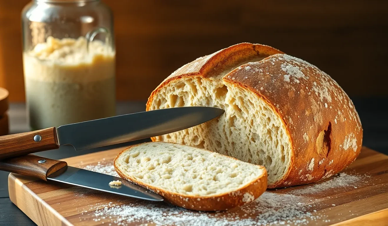 Ocena tego, czy chleb na zakwasie jest zdrowy: na zdjęciu bochenek rzemieślniczego, zdrowego chleba na zakwasie z widocznym miąższem.