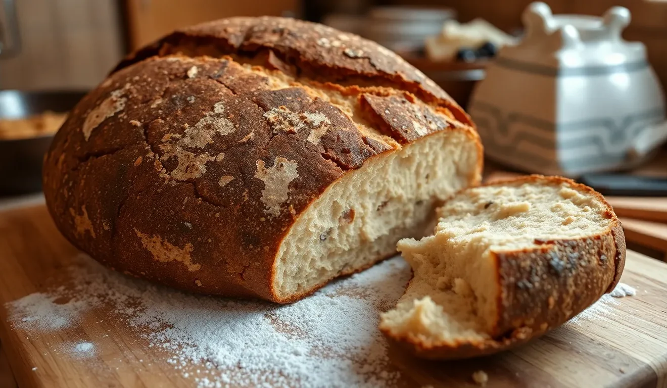 Ocena tego, czy chleb rustykalny jest zdrowy: na zdjęciu duży, rzemieślniczy bochenek chleba o chrupiącej skórce i nieregularnym kształcie.