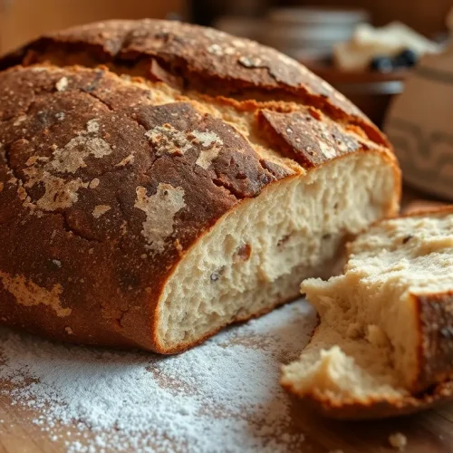 Ocena tego, czy chleb rustykalny jest zdrowy: na zdjęciu duży, rzemieślniczy bochenek chleba o chrupiącej skórce i nieregularnym kształcie.