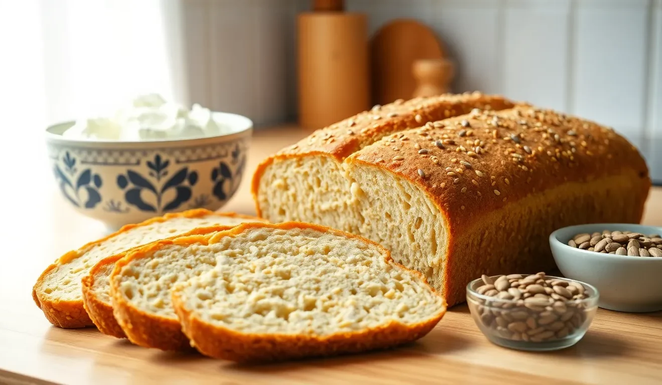 Ocena tego, czy chleb twarogowy jest zdrowy: na zdjęciu bochenek domowego, wysokobiałkowego chleba z twarogu i ziaren.