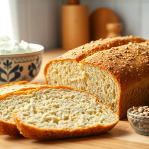 Ocena tego, czy chleb twarogowy jest zdrowy: na zdjęciu bochenek domowego, wysokobiałkowego chleba z twarogu i ziaren.
