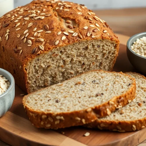 Ocena tego, czy chleb z płatków owsianych jest zdrowy: na zdjęciu bochenek pożywnego, domowego chleba z płatków owsianych i ziaren.