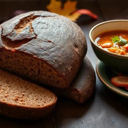 Ocena tego, czy pieczywo żytnie jest zdrowe: na zdjęciu bochenek ciemnego, zdrowego chleba żytniego na zakwasie, idealnego do zupy.
