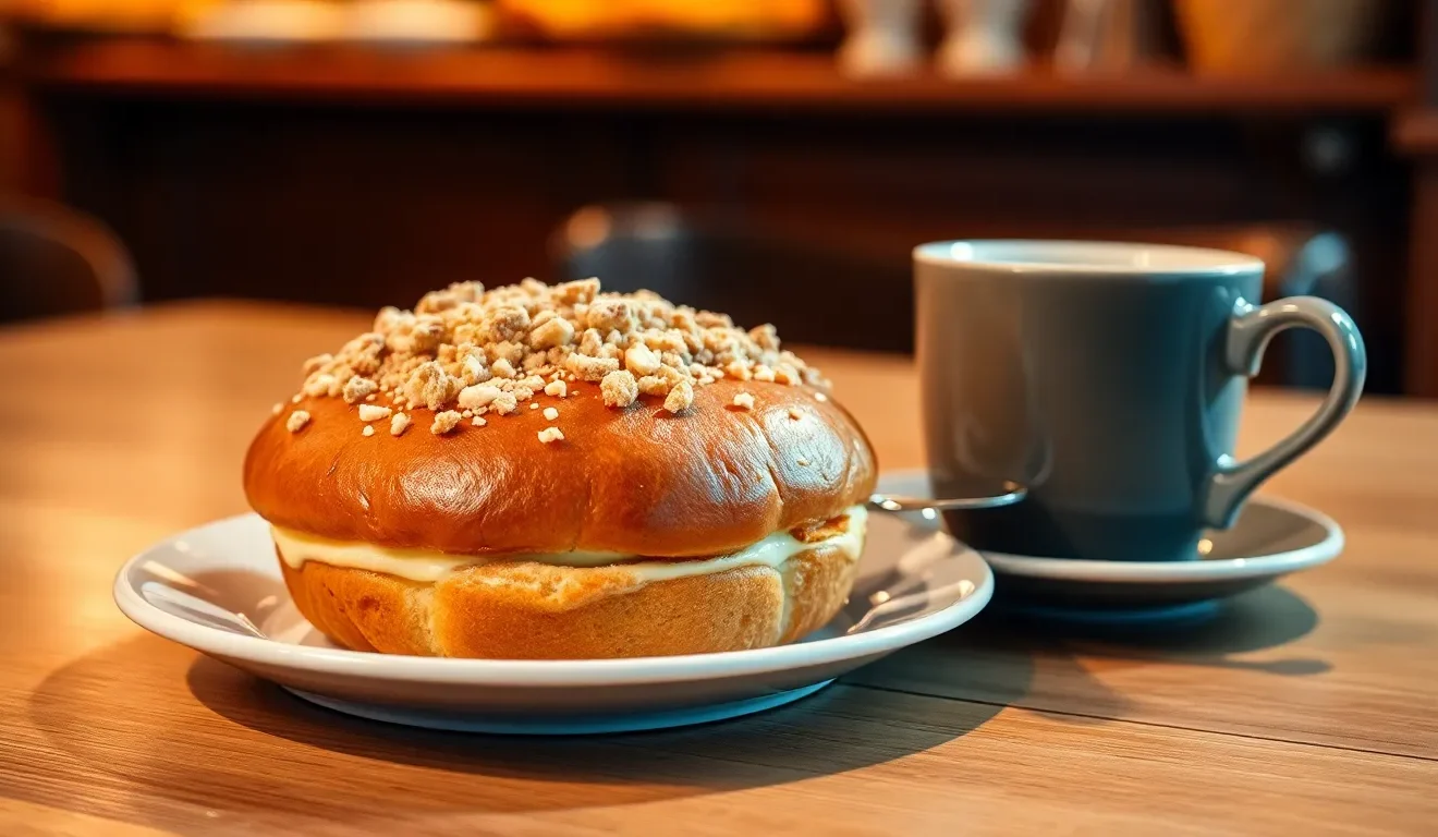 Ocena tego, czy drożdżówka jest zdrowa: na zdjęciu apetyczna, słodka bułka drożdżowa z kruszonką, czyli popularna drożdżówka.