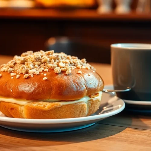 Ocena tego, czy drożdżówka jest zdrowa: na zdjęciu apetyczna, słodka bułka drożdżowa z kruszonką, czyli popularna drożdżówka.