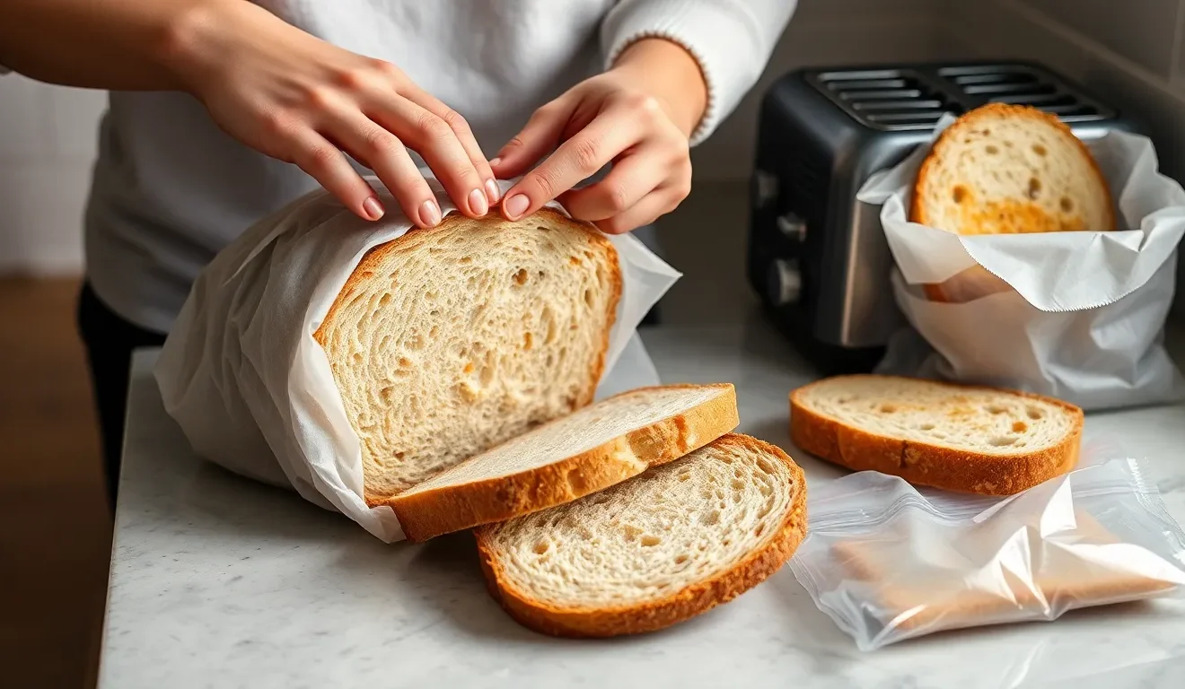 Ocena tego, czy mrożone pieczywo jest zdrowe: na zdjęciu osoba przygotowująca zdrowy, rzemieślniczy chleb do mrożenia w celu zachowania świeżości.