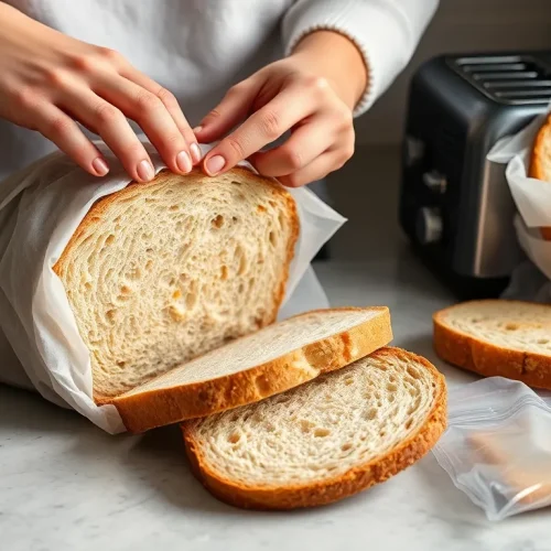 Ocena tego, czy mrożone pieczywo jest zdrowe: na zdjęciu osoba przygotowująca zdrowy, rzemieślniczy chleb do mrożenia w celu zachowania świeżości.