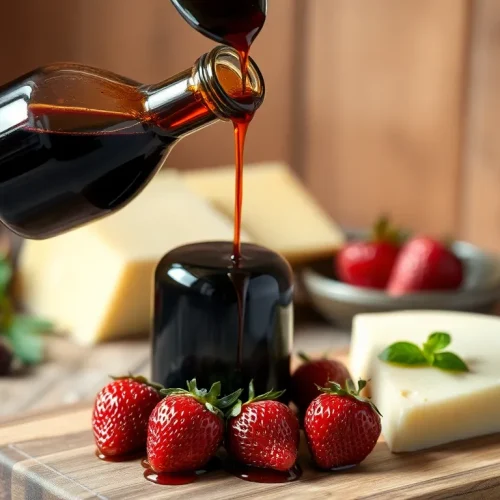 Prawdziwy ocet balsamiczny polewany na ser i truskawki, co pokazuje czy ocet balsamiczny jest zdrowy.