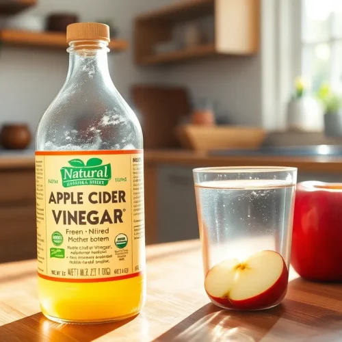 Butelka niefiltrowanego octu jabłkowego z matką octową, pokazująca czy ocet jabłkowy jest zdrowy do picia.