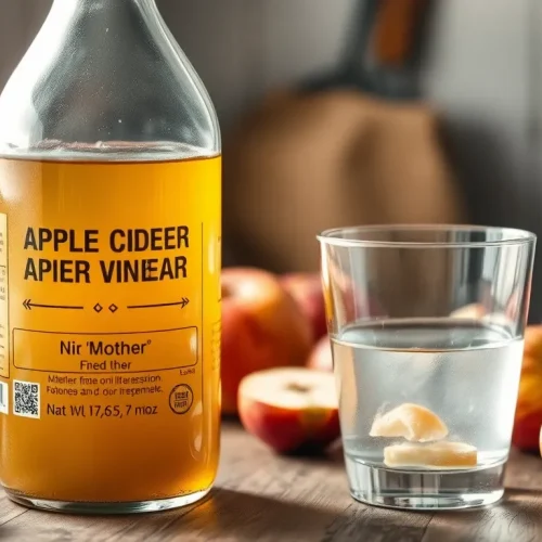 Szklanka wody z octem jabłkowym i świeże jabłka, które pokazują, czy ocet jest zdrowy i jakie ma właściwości.