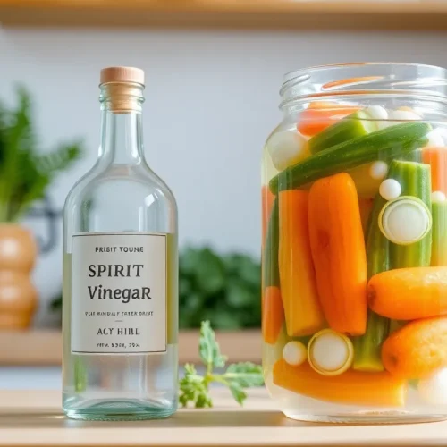 Butelka octu spirytusowego obok słoika z przetworami, co wyjaśnia, czy ocet spirytusowy jest zdrowy i do czego służy.