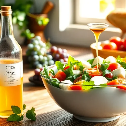 Butelki octu z czerwonego i białego wina na stole, wyjaśniające czy ocet winny jest zdrowy i jak go używać.
