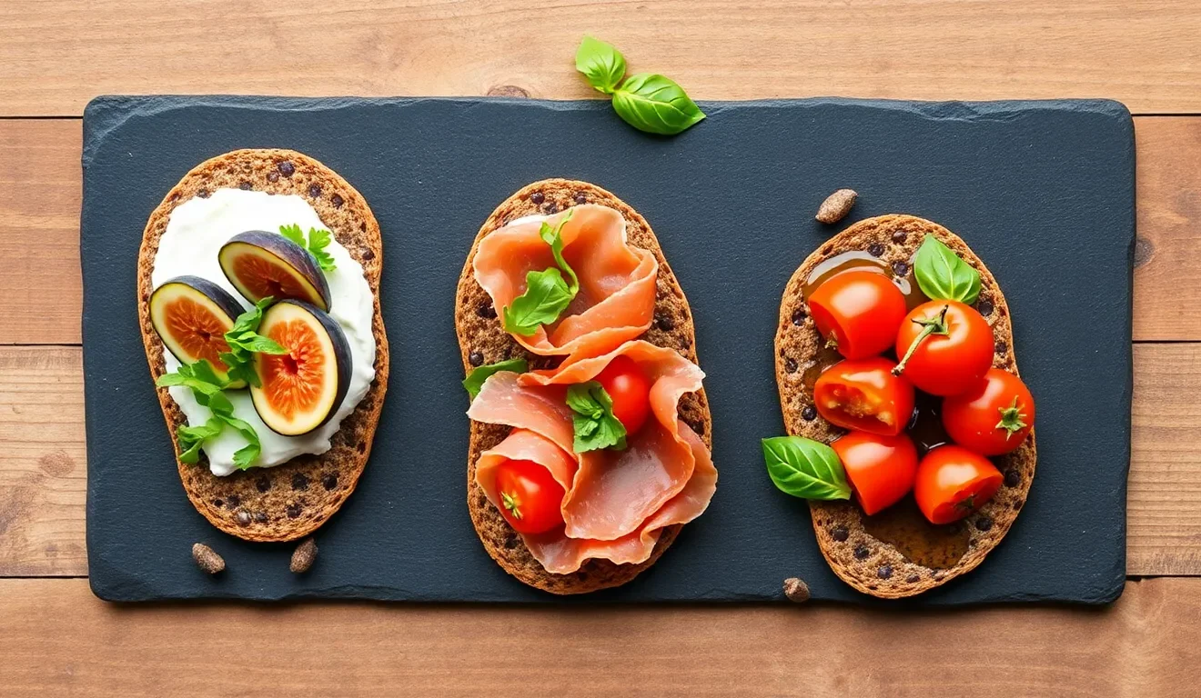 Ocena, czy pieczywo Wasa jest zdrowe: na zdjęciu zdrowe, pełnoziarniste pieczywo chrupkie z włoskimi dodatkami, jak ricotta i pomidory.