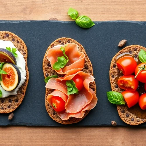 Ocena, czy pieczywo Wasa jest zdrowe: na zdjęciu zdrowe, pełnoziarniste pieczywo chrupkie z włoskimi dodatkami, jak ricotta i pomidory.