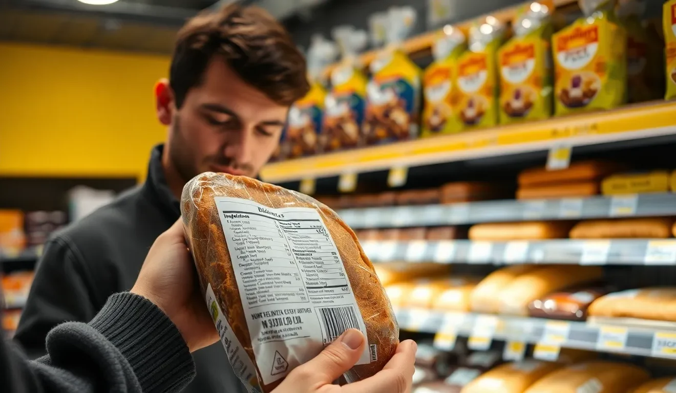 Ocena, czy chleb z Biedronki jest zdrowy: klient czytający etykietę i skład pieczywa w sklepie, by dokonać zdrowego wyboru.
