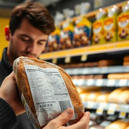 Ocena, czy chleb z Biedronki jest zdrowy: klient czytający etykietę i skład pieczywa w sklepie, by dokonać zdrowego wyboru.