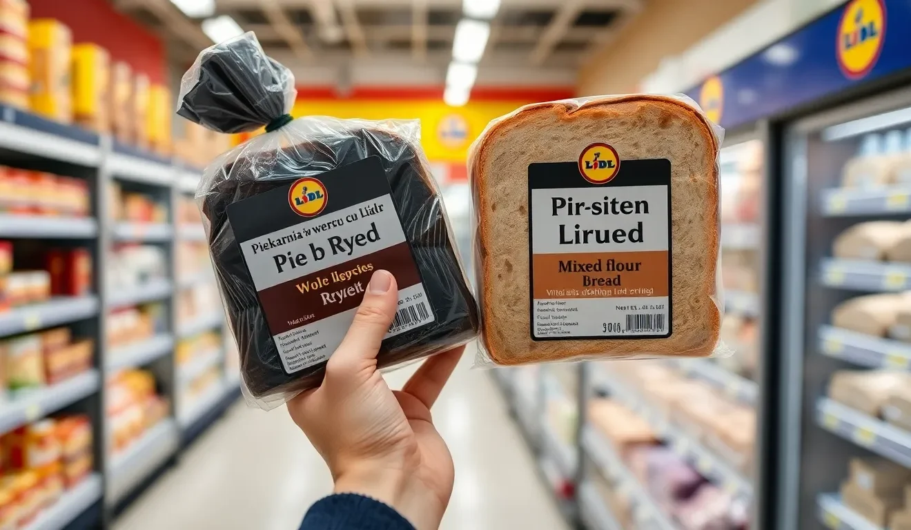 Ocena tego, czy chleb z Lidla jest zdrowy: klient porównujący składy dwóch różnych bochenków chleba w piekarni supermarketu.