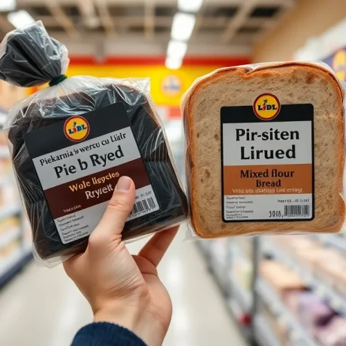 Ocena tego, czy chleb z Lidla jest zdrowy: klient porównujący składy dwóch różnych bochenków chleba w piekarni supermarketu.