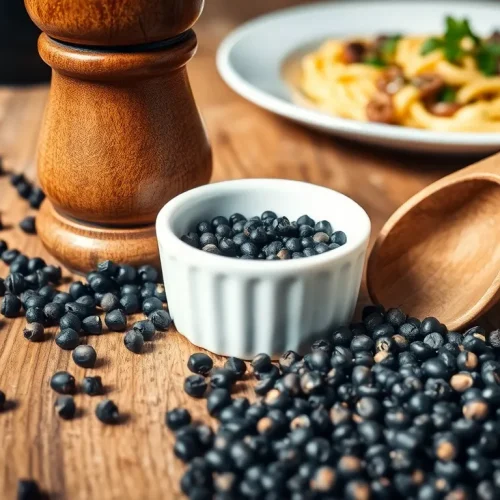 Całe i zmielone ziarna pieprzu, które pokazują, czy pieprz jest zdrowy na żołądek i jakie ma właściwości.