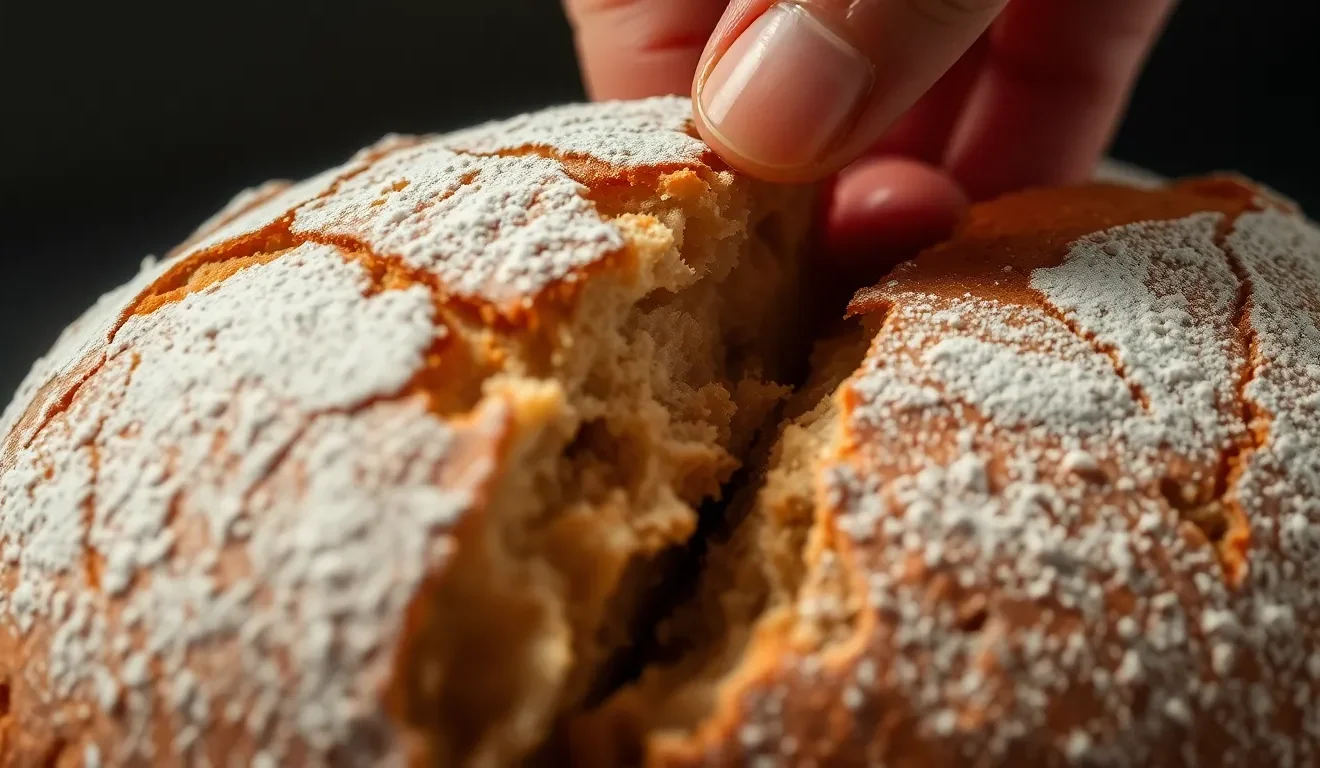 Ocena tego, czy skórka od chleba jest zdrowa: zbliżenie na chrupiącą, ciemną i apetyczną skórkę rzemieślniczego chleba na zakwasie.