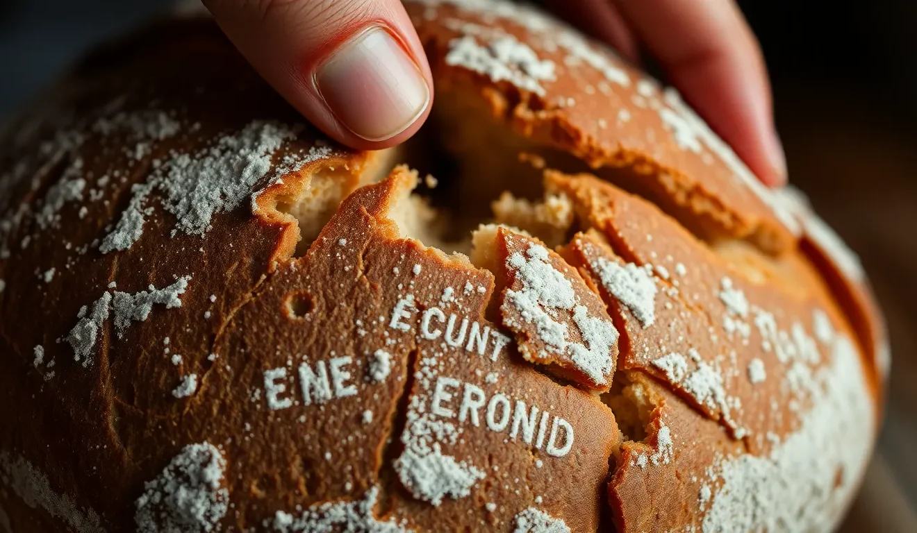 Ocena tego, czy skórka od chleba jest zdrowa: zbliżenie na chrupiącą, ciemną i apetyczną skórkę rzemieślniczego chleba na zakwasie.